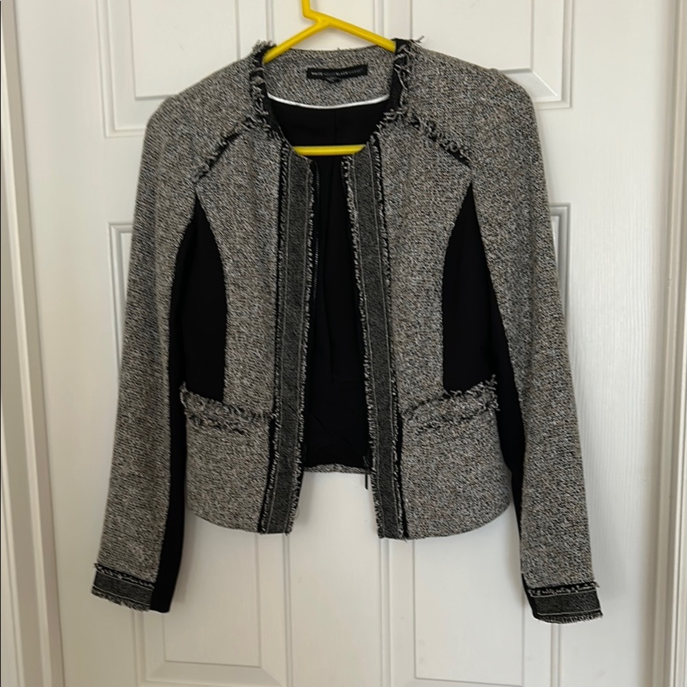 White House Black Market Black and Gray Blazer with Modern Tweed Design Sz 0